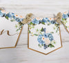 Baby in Bloom Shower Banner, Realistic Blue Ivory Floral, Baby Shower Garland, Gold Letters