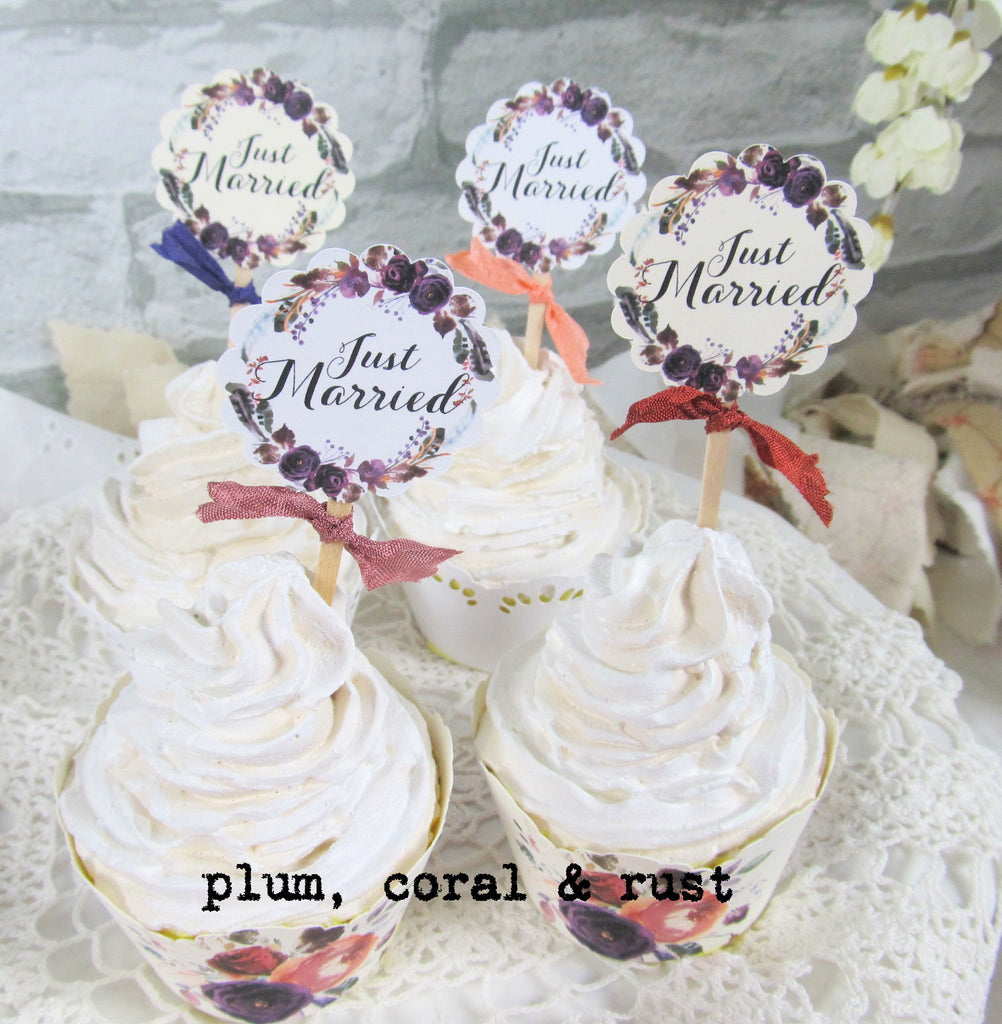 Just Married Floral Boho Succulent or Tropical Cupcake Toppers - Set o | Auntie's Jammies just-married-floral-boho-succulent-or-tropical-cupcake-toppers-set-o-auntie-s-jammies