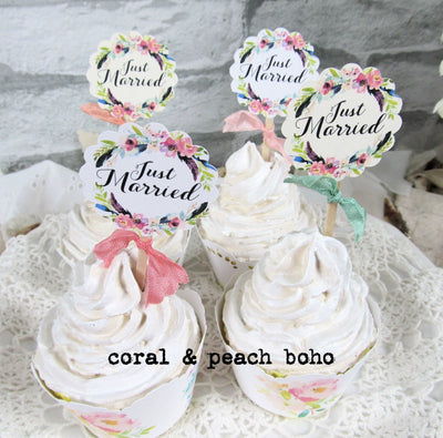 Watercolor Floral Just Married Cupcake Toppers