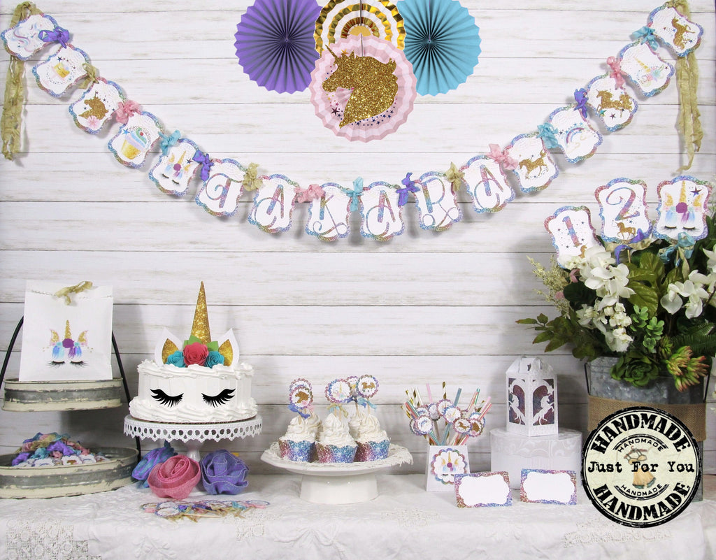 Unicorn Rainbow Birthday Party Decorations - Custom Name Banner Garlan