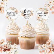 Floral Wedding Cupcake Toppers Picks Love is Sweet Peach Blush Neutral Floral - Personalized - Round Heart Fancy Square