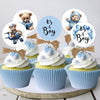 18 It's a Boy Blue Teddy Bear Baby Shower Cupcake Toppers Picks with Brown Ribbons - Set of 18