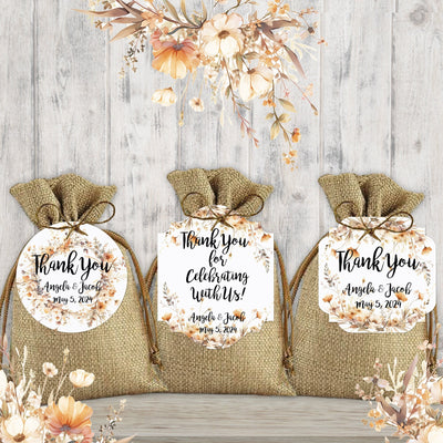 Wildflower Wreath Floral Thank You Wedding Favor Tags, Tags Only, Personalized Gift Tags, Peach Neutral Square Rectangle Round, Boho Wedding
