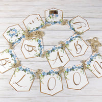 Baby in Bloom Shower Banner, Realistic Blue Ivory Floral, Baby Shower Garland, Gold Letters