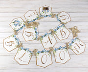 Baby in Bloom Shower Banner, Realistic Blue Ivory Floral, Baby Shower Garland, Gold Letters