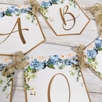 Baby in Bloom Shower Banner, Realistic Blue Ivory Floral, Baby Shower Garland, Gold Letters