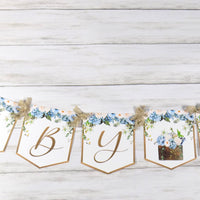 Baby in Bloom Shower Banner, Realistic Blue Ivory Floral, Baby Shower Garland, Gold Letters