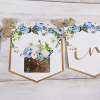 Baby in Bloom Shower Banner, Realistic Blue Ivory Floral, Baby Shower Garland, Gold Letters