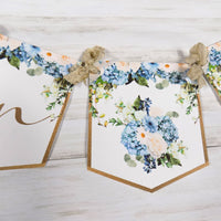 Baby in Bloom Shower Banner, Realistic Blue Ivory Floral, Baby Shower Garland, Gold Letters