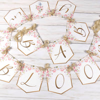 Baby in Bloom Shower Banner, Realistic Pink Blush Ivory Floral, Baby Shower Garland, Gold Letters