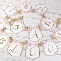 Baby in Bloom Shower Banner, Realistic Pink Blush Ivory Floral, Baby Shower Garland, Gold Letters