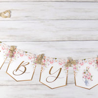 Baby in Bloom Shower Banner, Realistic Pink Blush Ivory Floral, Baby Shower Garland, Gold Letters