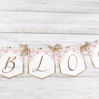 Baby in Bloom Shower Banner, Realistic Pink Blush Ivory Floral, Baby Shower Garland, Gold Letters