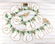 Baby in Bloom Shower Banner, Realistic Greenery Leaves Floral, Baby Shower Garland, Gold Letters