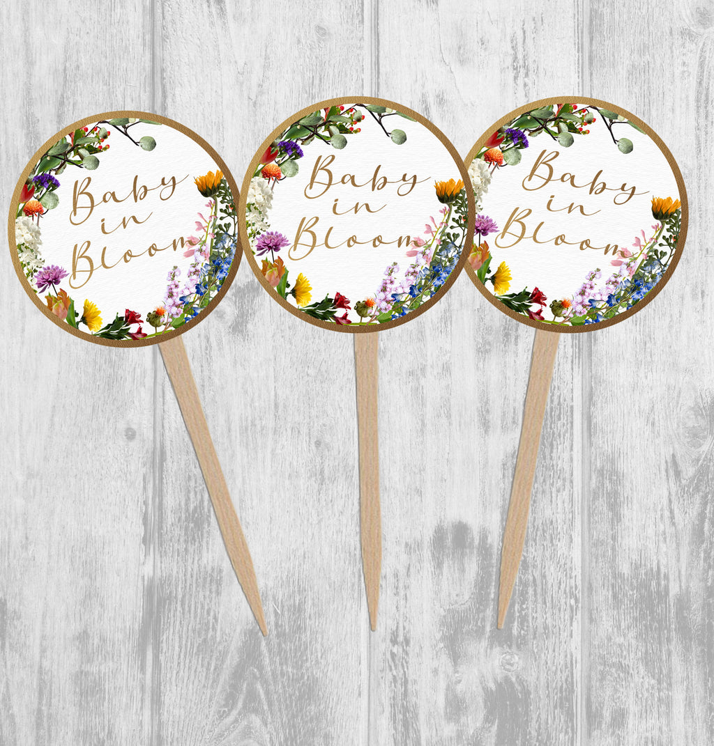 Wildflowers Baby in Bloom Cupcake Toppers, Baby Shower Picks, Oh Baby Girl Boy Twins Floral Gender Neutral, Bright Wildflower