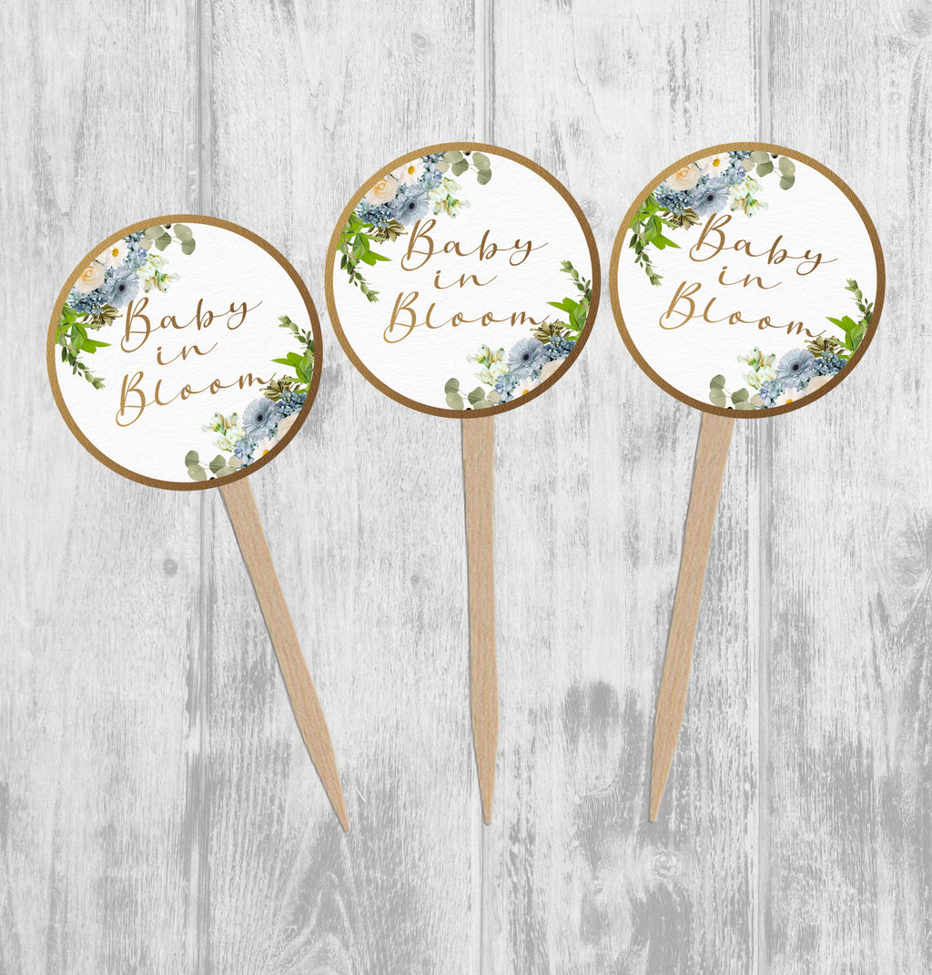 Blue Floral Baby in Bloom Cupcake Toppers, Baby Shower Picks, Oh Baby Girl Boy Twins Floral Gender Neutral, Blue Ivory Flowers