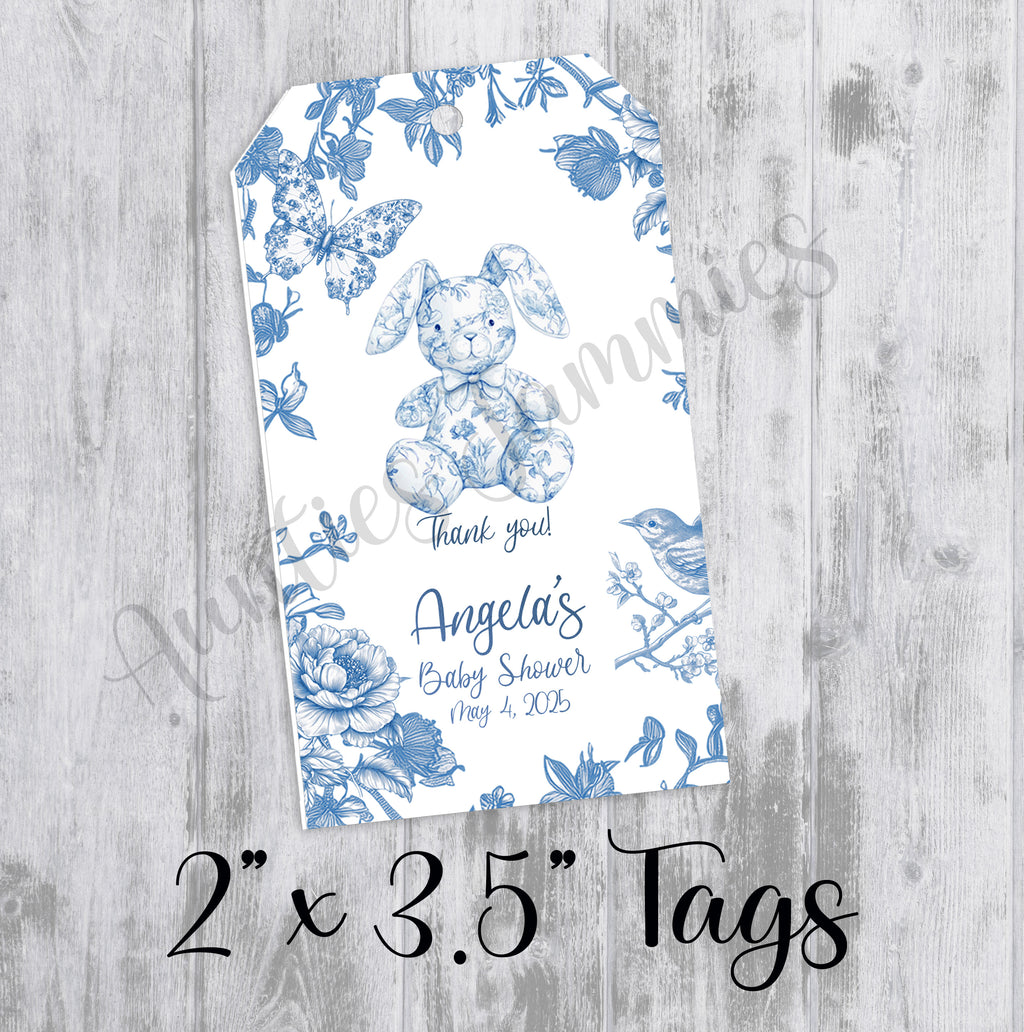 Blue Chinoiserie Toile Baby Shower Favor Tags, Printed Tags Only, Personalized Thank You Tags, Gender Neutral