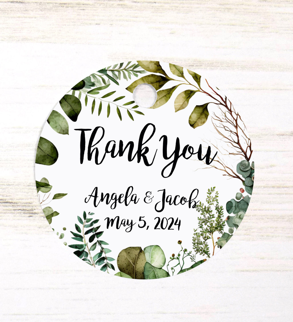 Greenery Leaves Thank You Wedding Favor Tags, Tags Only, Personalized Gift Tags, Botanical Square Rectangle Round Tags, Boho Wedding Tags