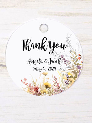Wildflower Wreath Thank You Wedding Favor Tags, Tags Only, Personalized Gift Tags, Floral Square Rectangle Round Tags, Boho Wedding Tags