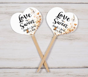 Neutral Wildflowers Wreath Wedding Cupcake Toppers Picks Floral - Personalized - Round Heart Fancy Square - Love is Sweet