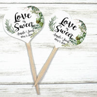 Greenery Leaves Wedding Cupcake Toppers Picks Leaf Botanical Succulent - Personalized - Round Heart Fancy Square - Love is Sweet