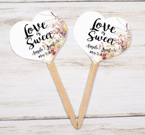 Wildflowers Wedding Cupcake Toppers Picks Floral - Love is Sweet Personalized - Round Heart Fancy Square
