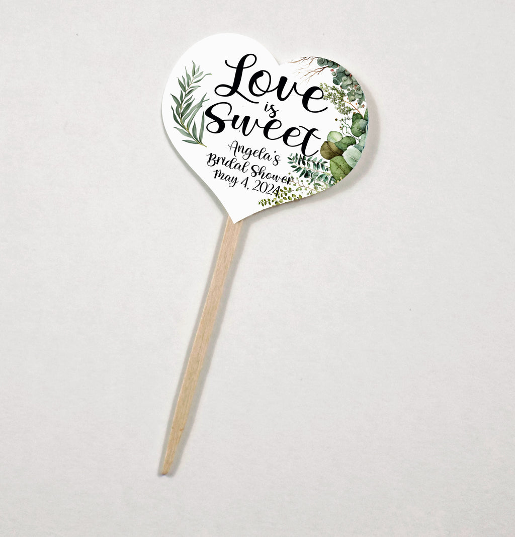 Greenery Leaves Eucalyptus Bridal Shower Cupcake Toppers Picks Floral - Personalized - Round Heart Fancy Square - Love is Sweet