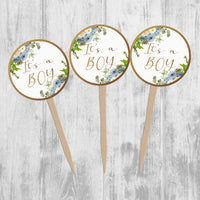 Blue Floral Baby in Bloom Cupcake Toppers, Baby Shower Picks, Oh Baby Girl Boy Twins Floral Gender Neutral, Blue Ivory Flowers