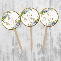 Blue Floral Baby in Bloom Cupcake Toppers, Baby Shower Picks, Oh Baby Girl Boy Twins Floral Gender Neutral, Blue Ivory Flowers