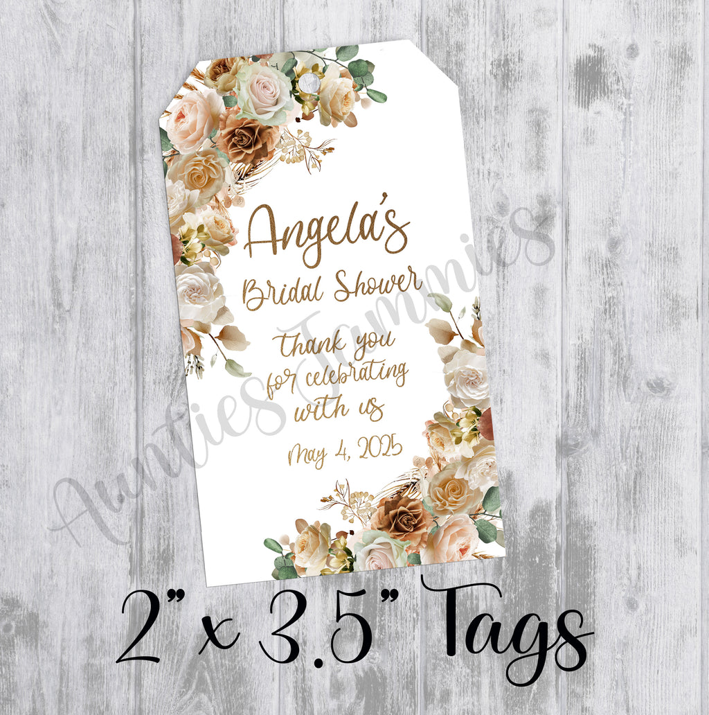 Boho Neutral Floral Bridal Shower Favor Tags, Printed Tags Only, Personalized Thank You Tags