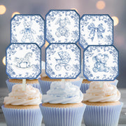 Blue Chinoiserie Toile Baby Shower Cupcake Toppers, Baby Shower Picks