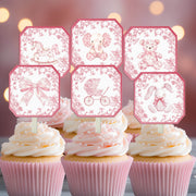 Pink Chinoiserie Toile Baby Shower Cupcake Toppers, Baby Shower Picks