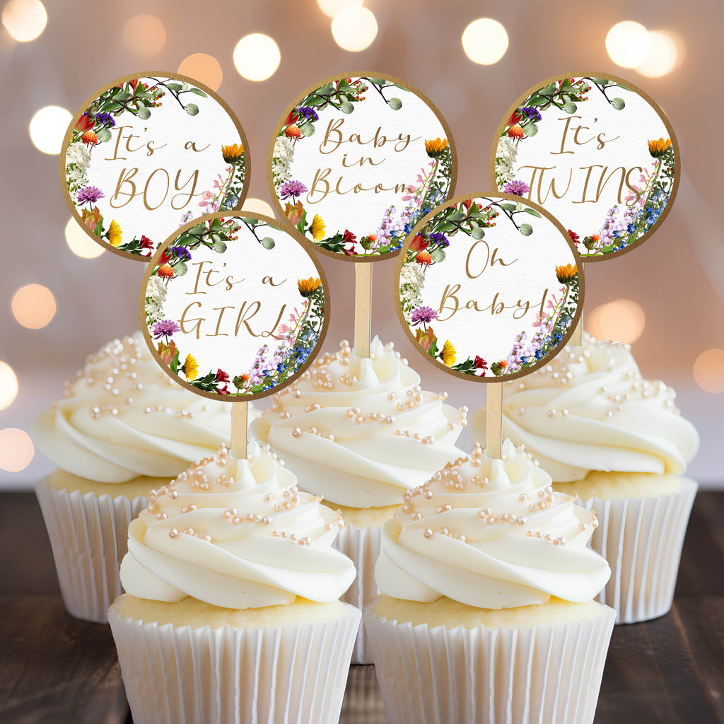 Many Toppers Wildflowers Baby in Bloom Cupcake Toppers, Baby Shower Picks, Oh Baby ...