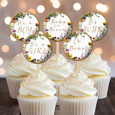 Wildflowers Baby in Bloom Cupcake Toppers, Baby Shower Picks, Oh Baby Girl Boy Twins Floral Gender Neutral, Bright Wildflower
