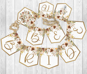 Bride to Be Shower Banner, Realistic Boho Neutral Flowers Floral, Bridal Shower Garland, Gold Letters