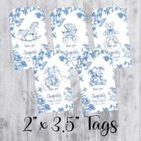 Blue Chinoiserie Toile Baby Shower Favor Tags, Printed Tags Only, Personalized Thank You Tags, Gender Neutral