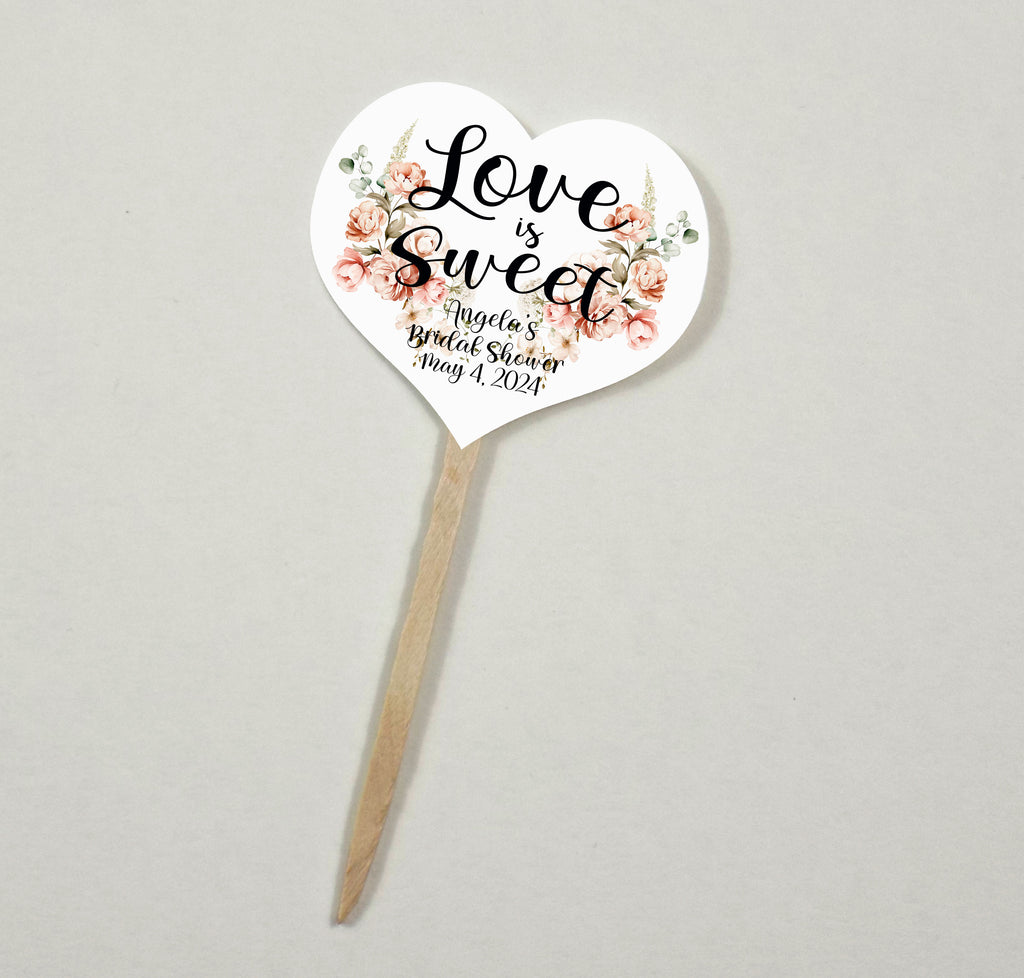 Peach Pink Floral Bridal Shower Cupcake Toppers Picks Floral - Personalized - Round Heart Fancy Square - Love is Sweet