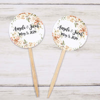 Floral Wedding Cupcake Toppers Picks Love is Sweet Peach Blush Neutral Floral - Personalized - Round Heart Fancy Square