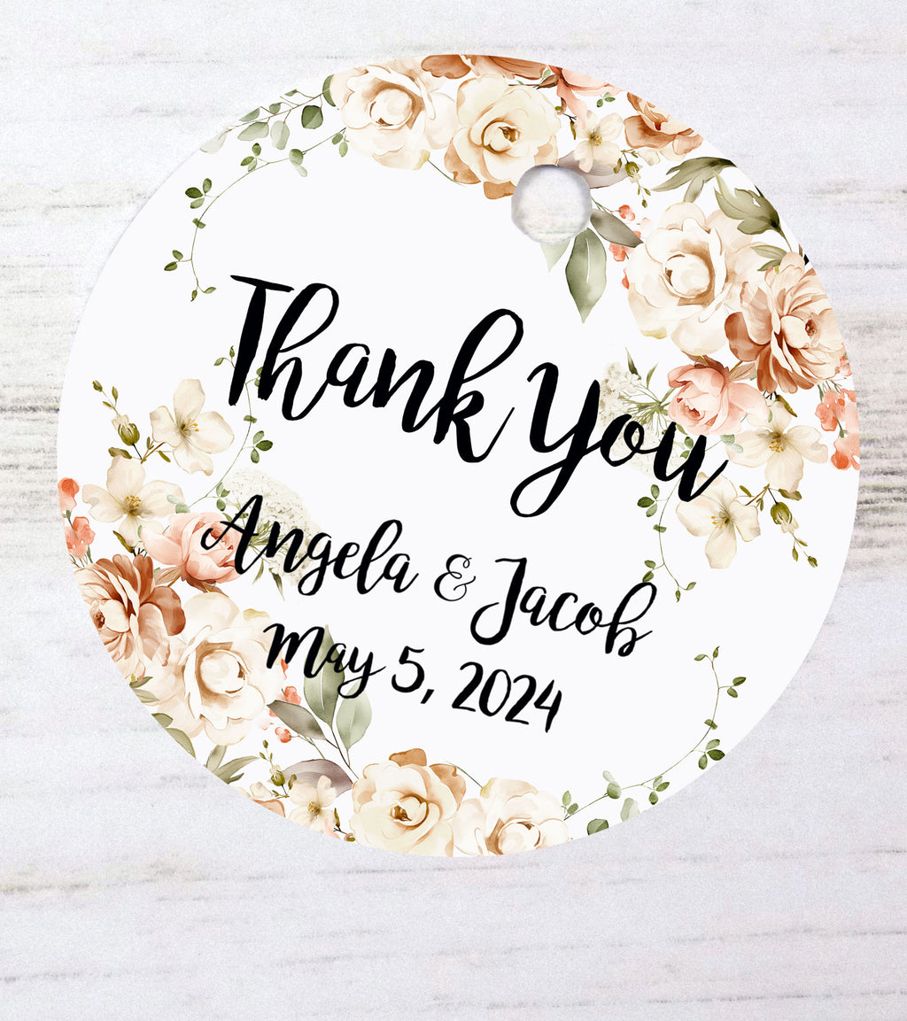 Peach Floral Thank You Wedding Favor Tags, Tags Only, Personalized Gift Tags, Blush Peach Square Rectangle Round Tags, Boho Tags