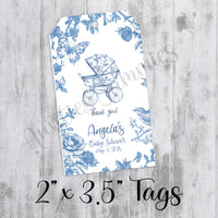 Blue Chinoiserie Toile Baby Shower Favor Tags, Printed Tags Only, Personalized Thank You Tags, Gender Neutral