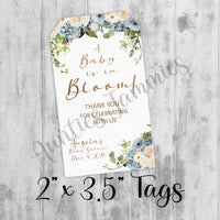 Baby in Bloom Baby Shower Favor Tags, Printed Tags Only, Personalized Thank You Tags, Real Blue Floral Tags, It's a Boy or Girl