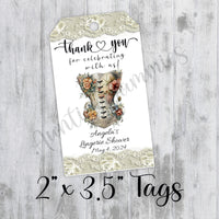 Floral Vintage Corset Lingerie Shower Tags, Printed, Personalized Thank You Bachelorette Favor, Tags Only, Personalized Gift Tags, Bridal Shower