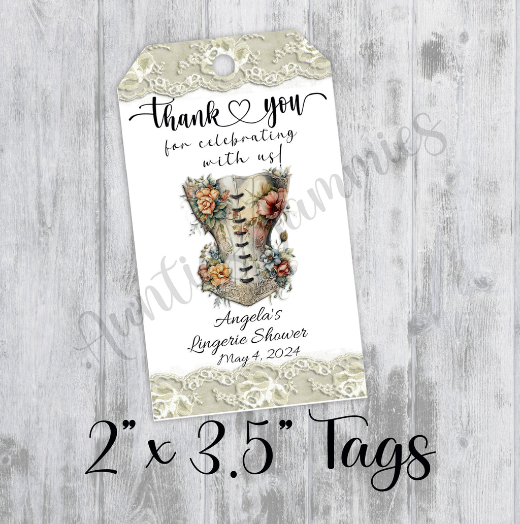Floral Vintage Corset Lingerie Shower Tags, Printed, Personalized Thank You Bachelorette Favor, Tags Only, Personalized Gift Tags, Bridal Shower