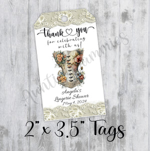 Floral Vintage Corset Lingerie Shower Tags, Printed, Personalized Thank You Bachelorette Favor, Tags Only, Personalized Gift Tags, Bridal Shower