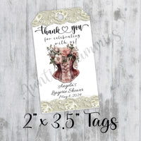 Floral Vintage Corset Lingerie Shower Tags, Printed, Personalized Thank You Bachelorette Favor, Tags Only, Personalized Gift Tags, Bridal Shower