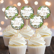 Greenery Leaf Baby in Bloom Cupcake Toppers, Baby Shower Picks, Oh Baby Girl Boy Twins Floral Gender Neutral