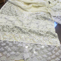 Sequin Lace Long Table Runner - White Off White - OOAK Vintage Style Rustic 26" x 124"