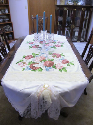 Vintage Waverly Roses Lace Table Runner - White Off White - Special Occasion  OOAK - Vintage Style Rustic 33