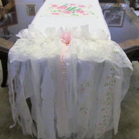 Shabby Pink Roses Table Runner Tablecloth - OOAK - Vintage Style Fringe 19" x 106"