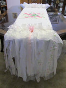 Shabby Pink Roses Table Runner Tablecloth - OOAK - Vintage Style Fringe 19" x 106"